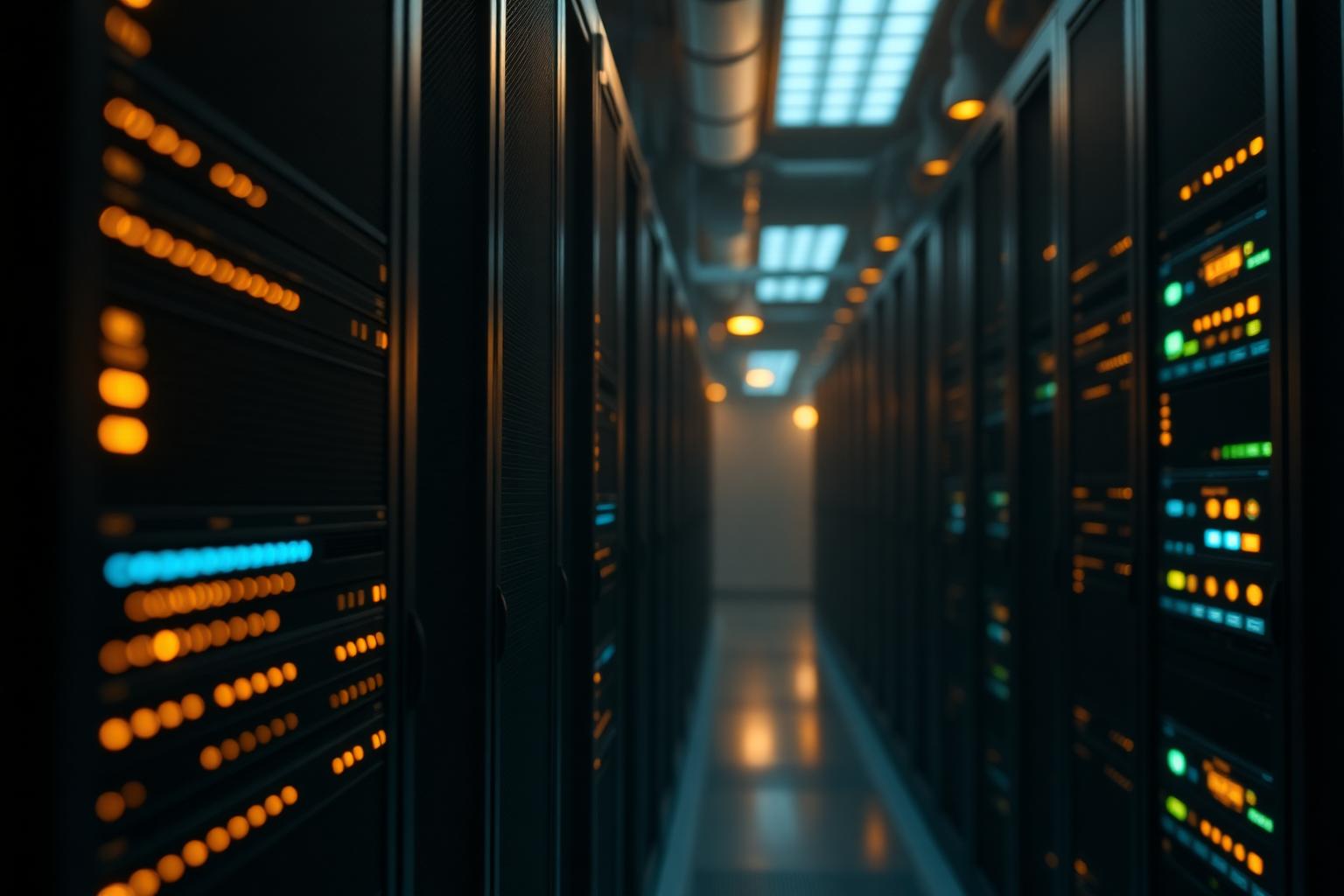 Glowing GPU server racks inside an AI inference data center