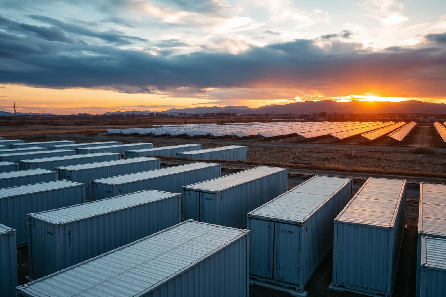 Utility-scale battery storage facility at sunset