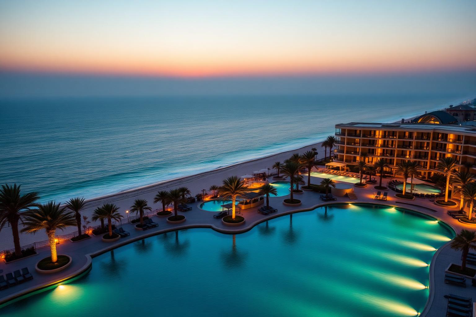 Aerial twilight view of a luxury Gulf hospitality resort
