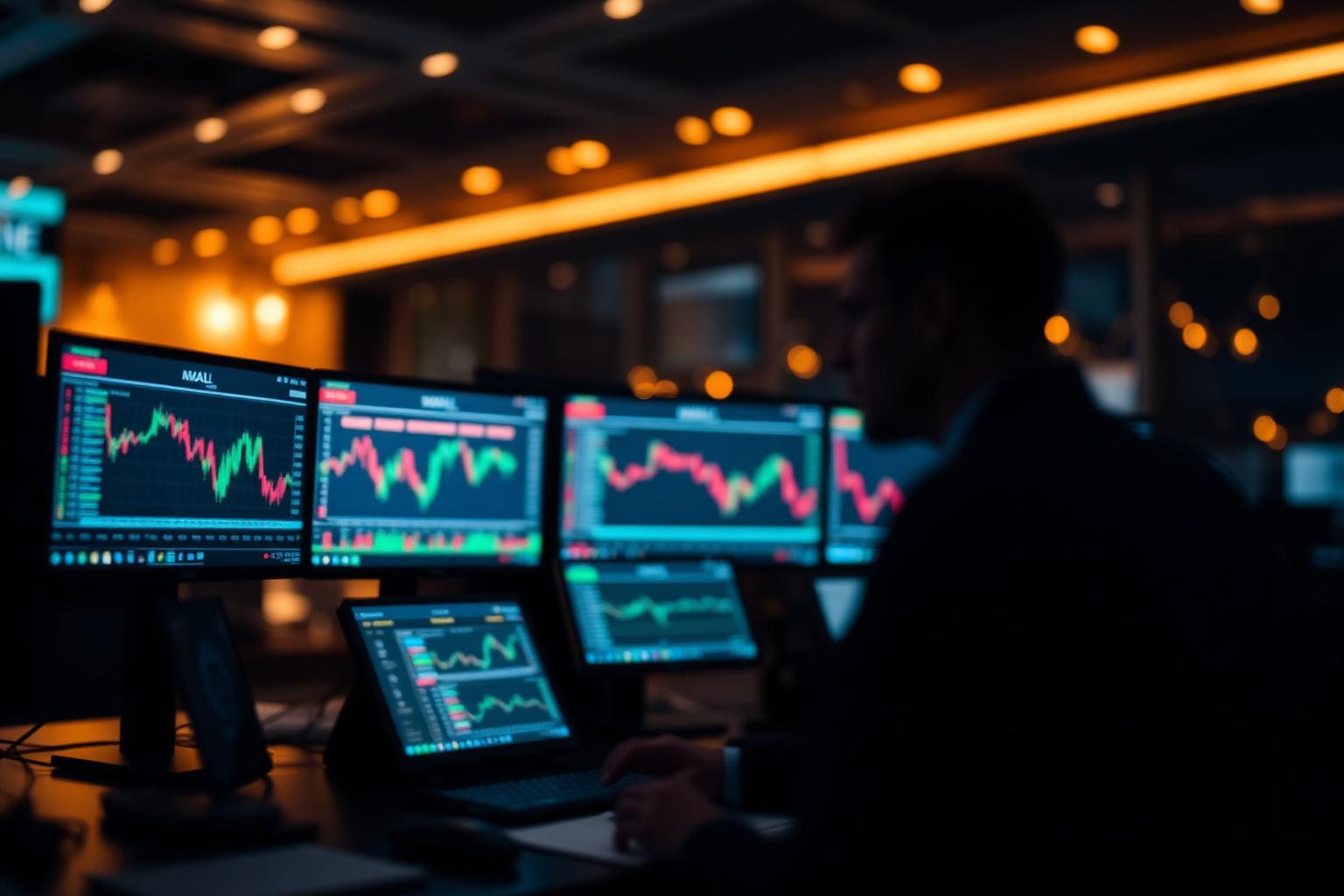 Editorial photo of an institutional trading desk with financial charts